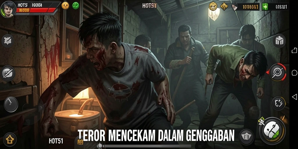 Screenshot HOT51 menampilkan aksi mencekam dalam suasana gelap.