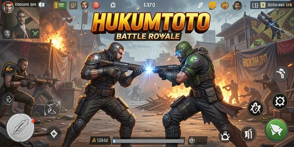 Screenshot utama HUKUMTOTO menampilkan aksi bertarung sengit dalam permainan Battle Royale.